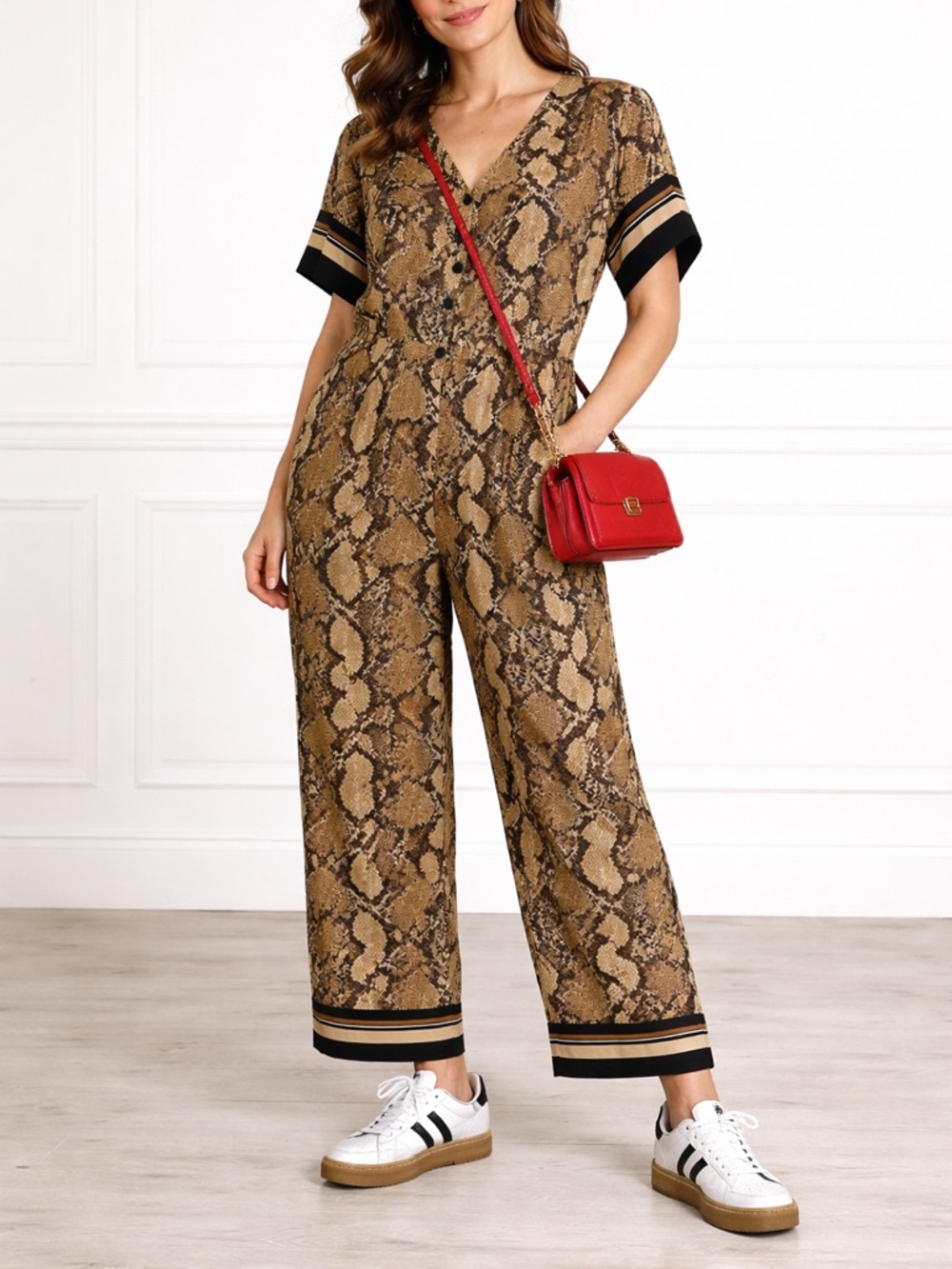 H&M Brown and Black Long-Sleeve Snake Print Jumpsuit Size L/12